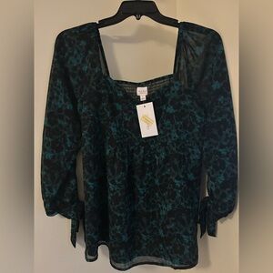 New Isabel Maternity Women's Floral Black & Green V-Neck Square-Back Blouse L